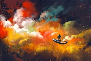 man in a boat in a galaxy cloud showing power of pause